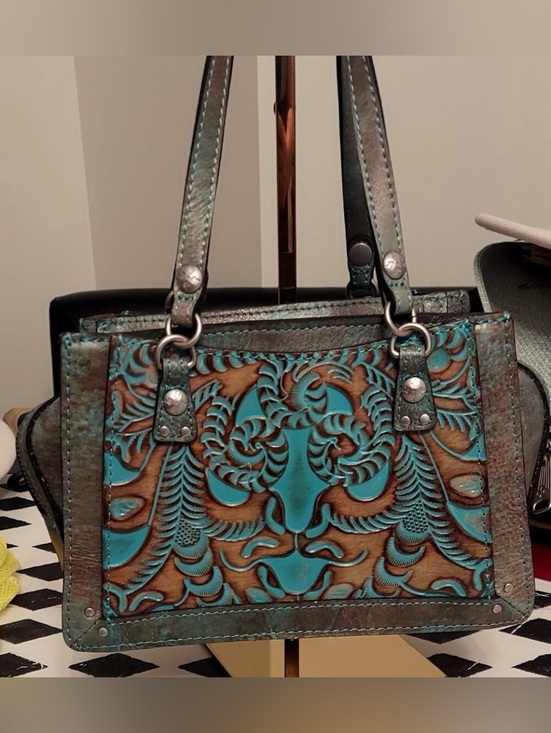 Patricia Nash Handbags - Patricia Nash Turquoise and Brown Tooled Leather Satchel